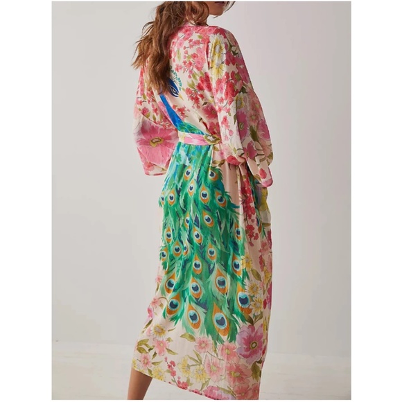 Boho Floral Tropical Peacock Print Cover up Kimono - Picture 3 of 8